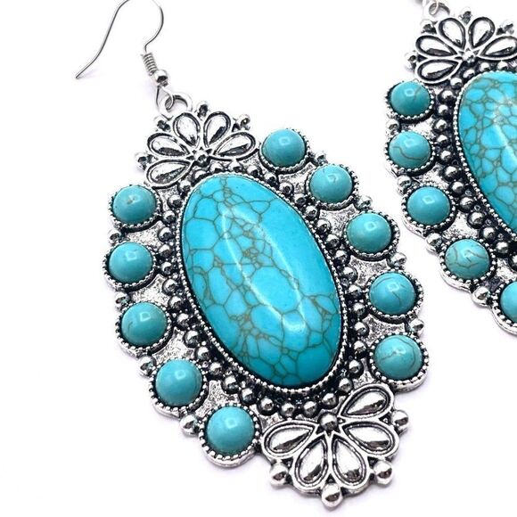 Silver with Blue Turquoise Boho Southwestern Native Hook Earrings - Picture 4 of 6